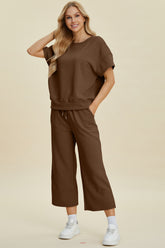 Double Take Full Size Texture Round Neck Top and Pants Set Brown OutfitFlow